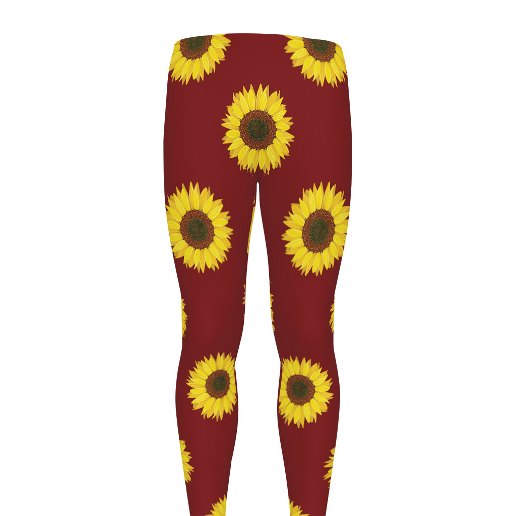 Burgundy Sunflower Pattern Print Men's leggings