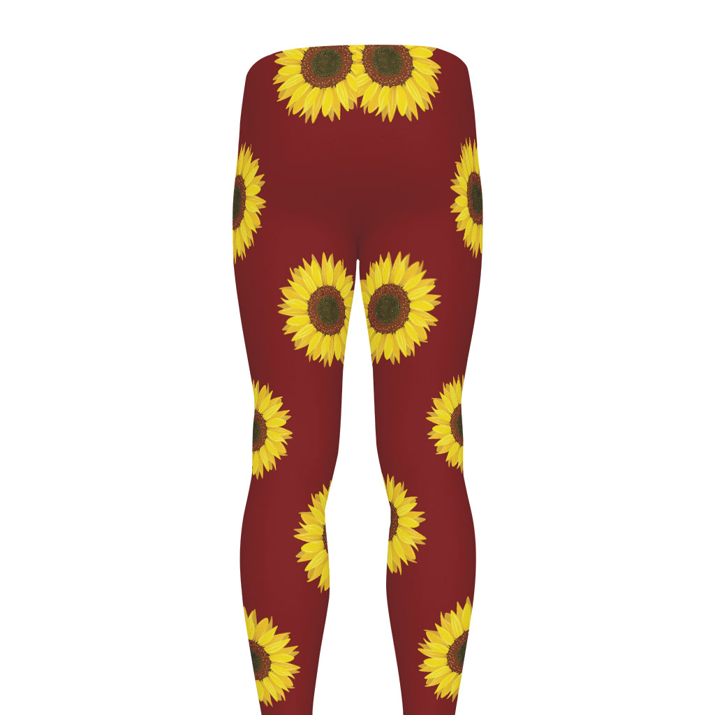 Burgundy Sunflower Pattern Print Men's leggings
