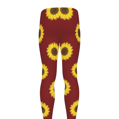 Burgundy Sunflower Pattern Print Men's leggings