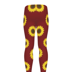 Burgundy Sunflower Pattern Print Men's leggings