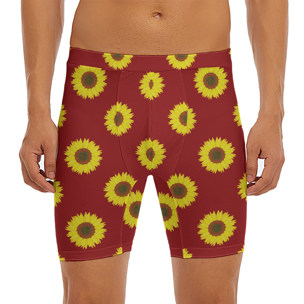 Burgundy Sunflower Pattern Print Men's Long Boxer Briefs