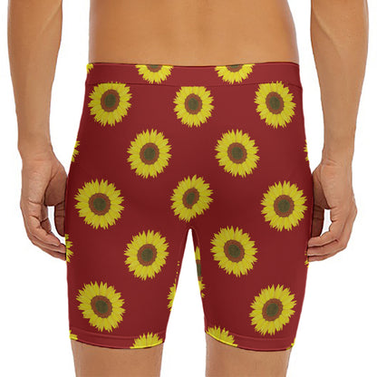 Burgundy Sunflower Pattern Print Men's Long Boxer Briefs