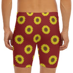 Burgundy Sunflower Pattern Print Men's Long Boxer Briefs