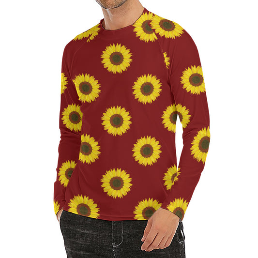 Burgundy Sunflower Pattern Print Men's Long Sleeve Rash Guard