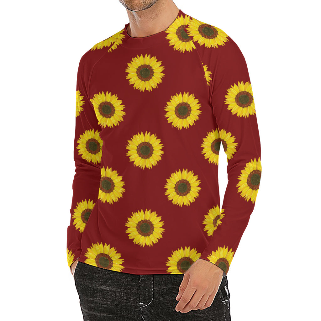 Burgundy Sunflower Pattern Print Men's Long Sleeve Rash Guard