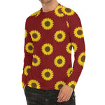 Burgundy Sunflower Pattern Print Men's Long Sleeve Rash Guard