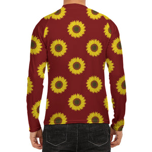 Burgundy Sunflower Pattern Print Men's Long Sleeve Rash Guard