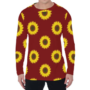 Burgundy Sunflower Pattern Print Men's Long Sleeve T-Shirt