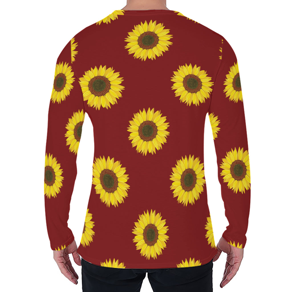 Burgundy Sunflower Pattern Print Men's Long Sleeve T-Shirt
