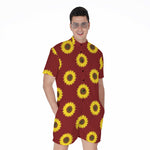 Burgundy Sunflower Pattern Print Men's Rompers