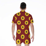 Burgundy Sunflower Pattern Print Men's Rompers