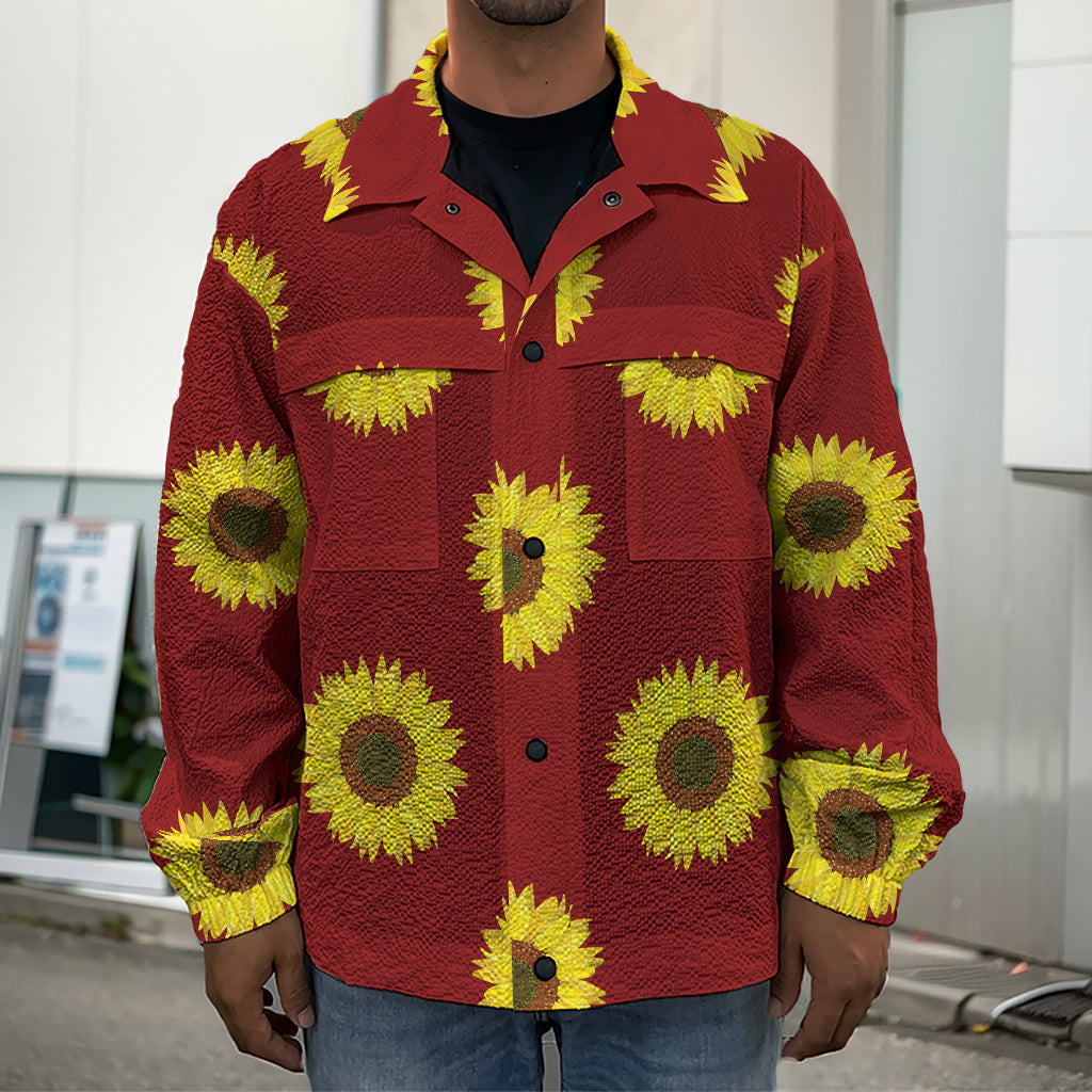 Burgundy Sunflower Pattern Print Men's Shirt Jacket