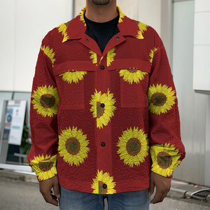 Burgundy Sunflower Pattern Print Men's Shirt Jacket