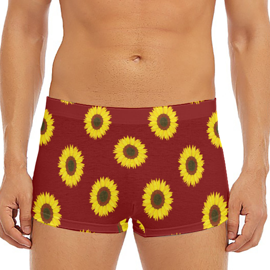 Burgundy Sunflower Pattern Print Men's Short Boxer Briefs