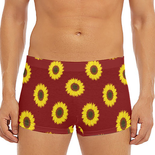 Burgundy Sunflower Pattern Print Men's Short Boxer Briefs