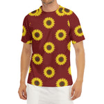 Burgundy Sunflower Pattern Print Men's Short Sleeve Rash Guard