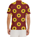 Burgundy Sunflower Pattern Print Men's Short Sleeve Rash Guard