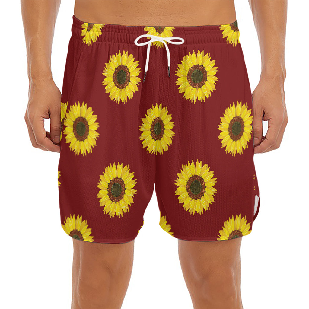 Burgundy Sunflower Pattern Print Men's Split Running Shorts