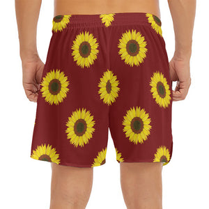 Burgundy Sunflower Pattern Print Men's Split Running Shorts