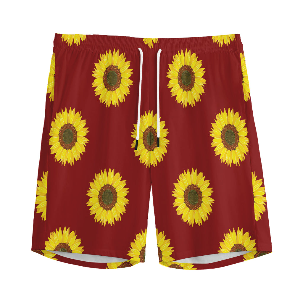 Burgundy Sunflower Pattern Print Men's Sports Shorts