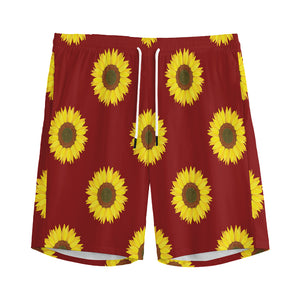 Burgundy Sunflower Pattern Print Men's Sports Shorts