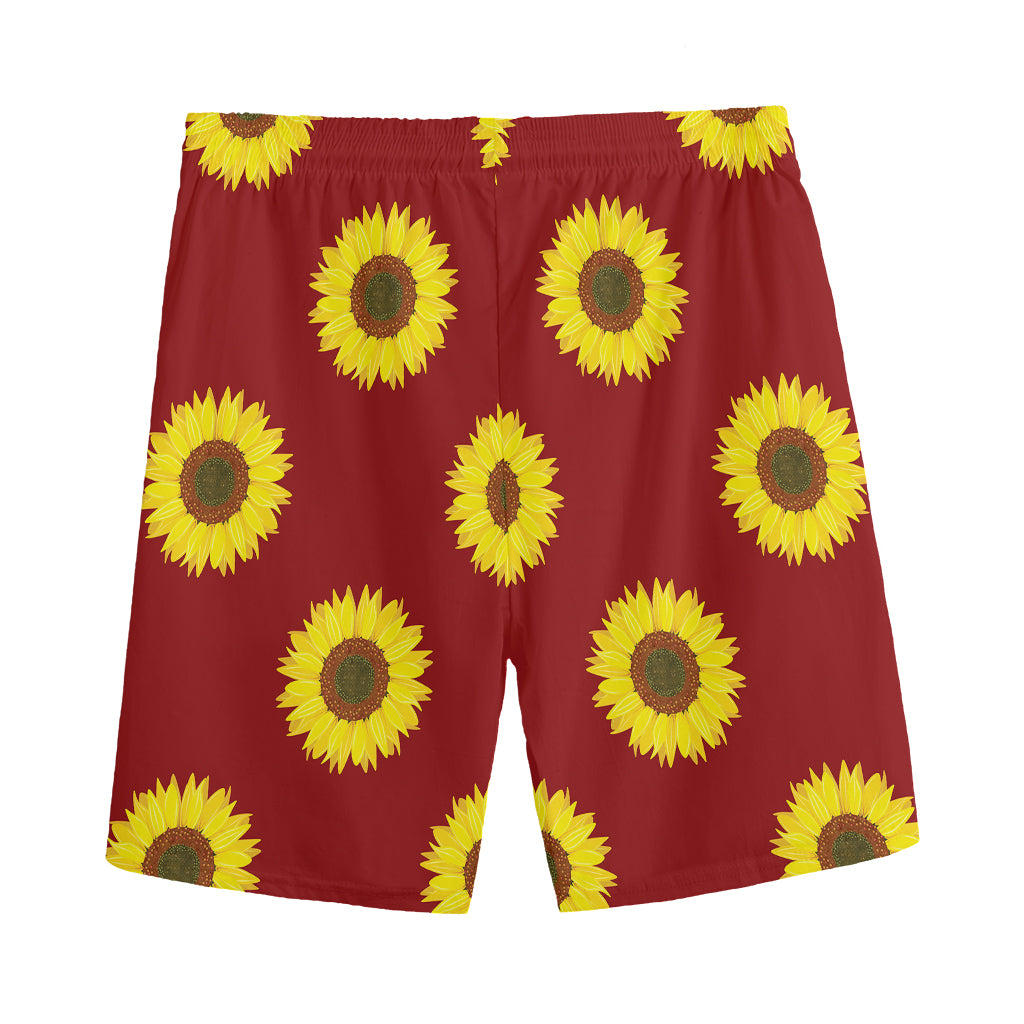 Burgundy Sunflower Pattern Print Men's Sports Shorts