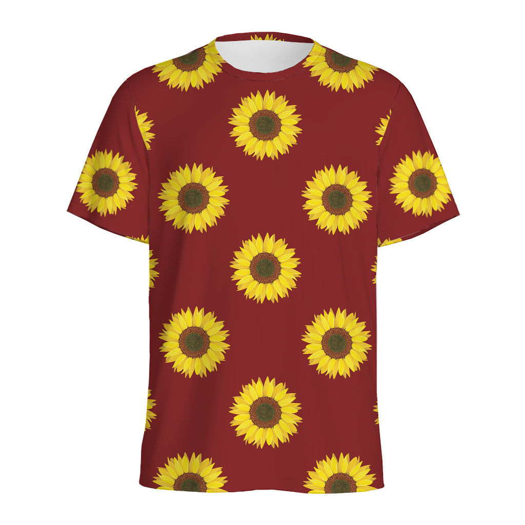 Burgundy Sunflower Pattern Print Men's Sports T-Shirt