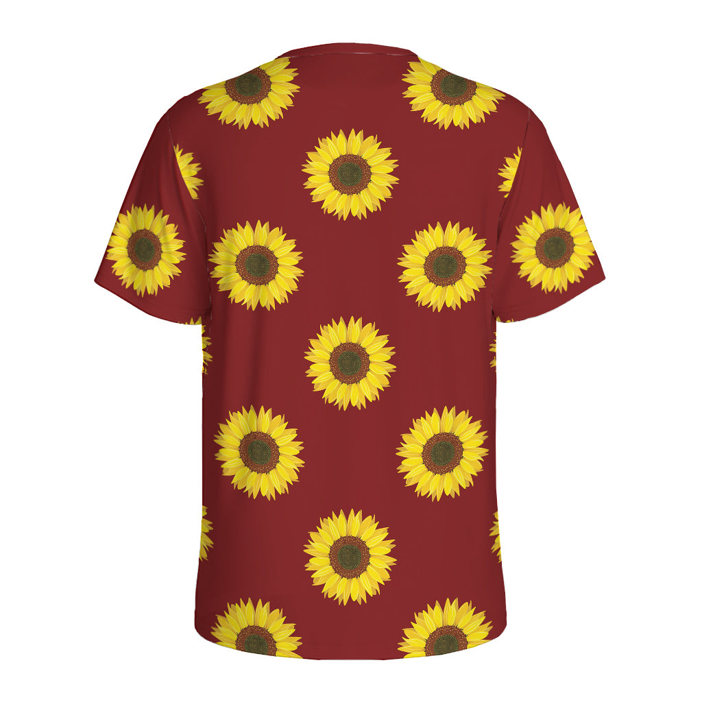 Burgundy Sunflower Pattern Print Men's Sports T-Shirt