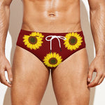 Burgundy Sunflower Pattern Print Men's Swim Briefs