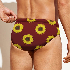 Burgundy Sunflower Pattern Print Men's Swim Briefs