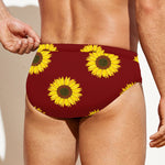 Burgundy Sunflower Pattern Print Men's Swim Briefs