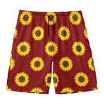 Burgundy Sunflower Pattern Print Men's Swim Trunks