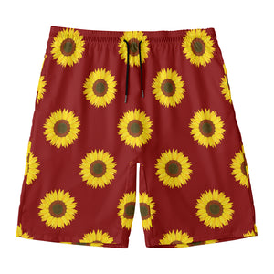 Burgundy Sunflower Pattern Print Men's Swim Trunks