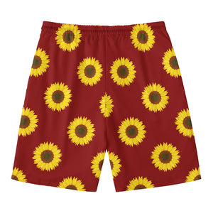 Burgundy Sunflower Pattern Print Men's Swim Trunks