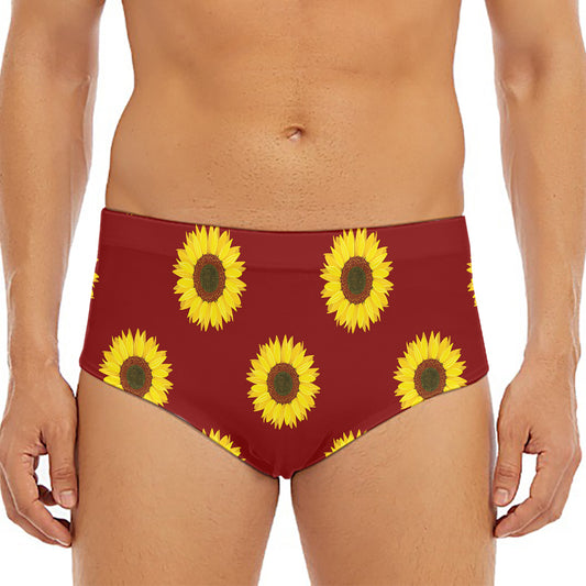 Burgundy Sunflower Pattern Print Men's Triangle Swim Briefs