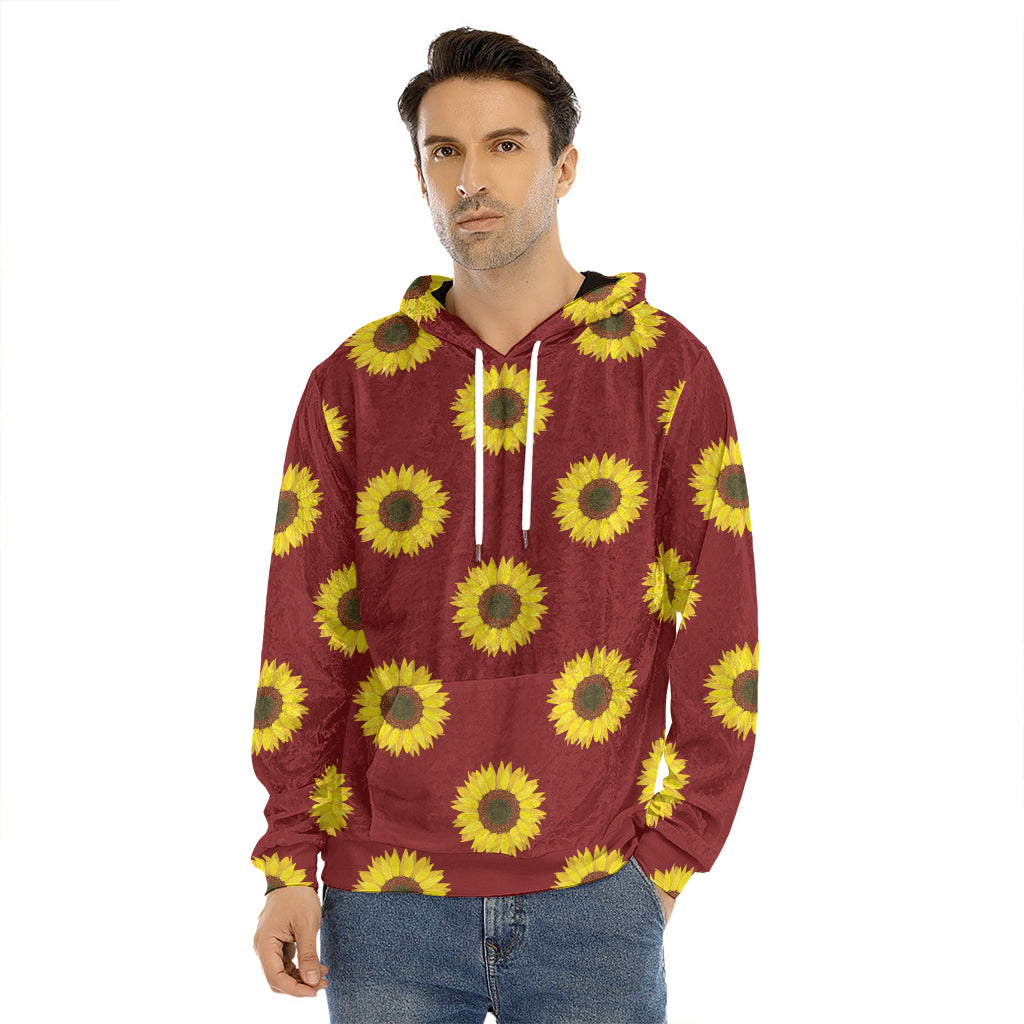 Burgundy Sunflower Pattern Print Men's Velvet Pullover Hoodie