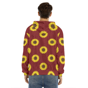 Burgundy Sunflower Pattern Print Men's Velvet Pullover Hoodie