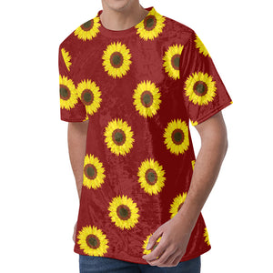 Burgundy Sunflower Pattern Print Men's Velvet T-Shirt