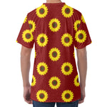 Burgundy Sunflower Pattern Print Men's Velvet T-Shirt