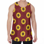 Burgundy Sunflower Pattern Print Men's Velvet Tank Top