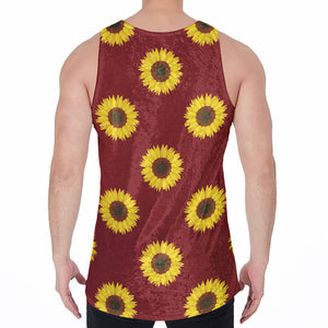 Burgundy Sunflower Pattern Print Men's Velvet Tank Top