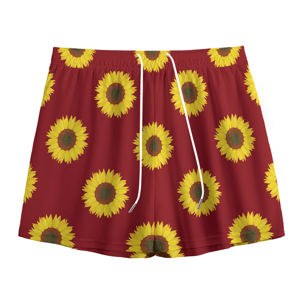 Burgundy Sunflower Pattern Print Mesh Shorts