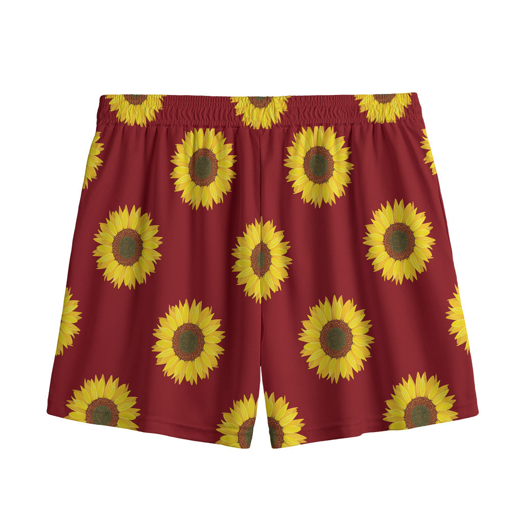 Burgundy Sunflower Pattern Print Mesh Shorts