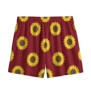 Burgundy Sunflower Pattern Print Mesh Shorts