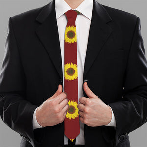 Burgundy Sunflower Pattern Print Necktie