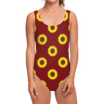 Burgundy Sunflower Pattern Print One Piece Swimsuit