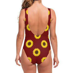 Burgundy Sunflower Pattern Print One Piece Swimsuit