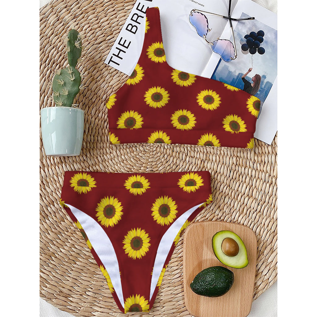 Burgundy Sunflower Pattern Print One Shoulder Bikini Top