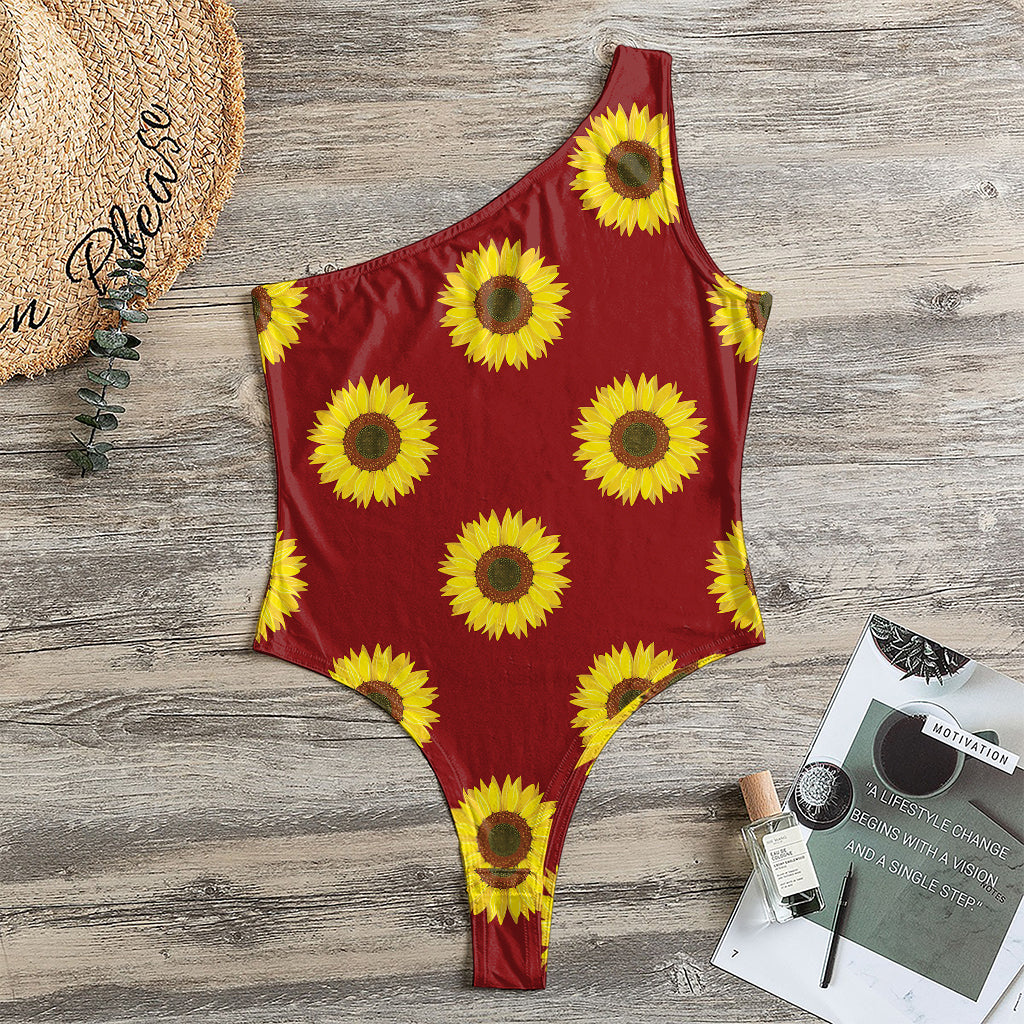 Burgundy Sunflower Pattern Print One Shoulder Bodysuit