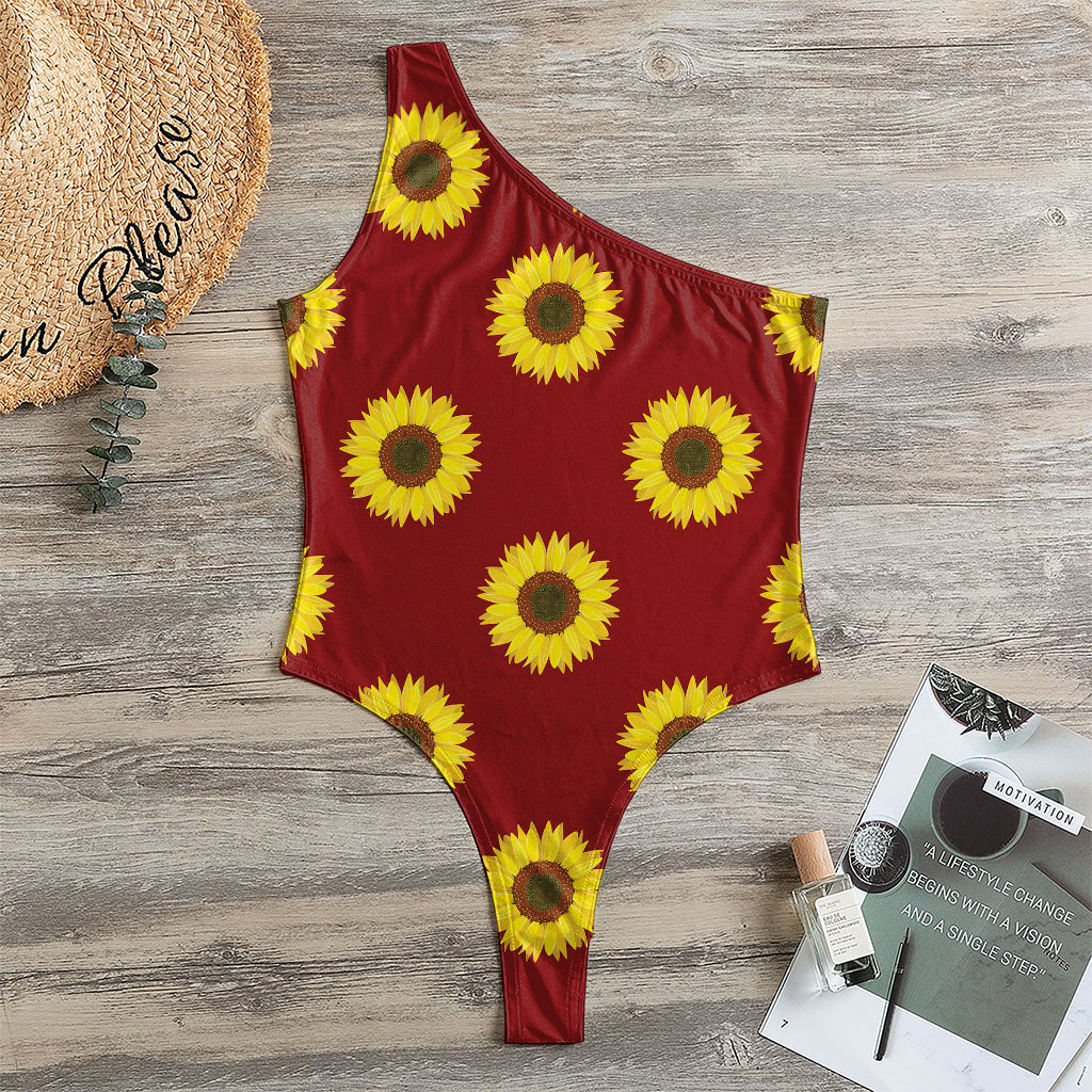 Burgundy Sunflower Pattern Print One Shoulder Bodysuit